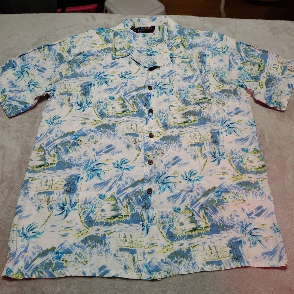 Impulse Tropical Shirt Men L‎ Blue Rayon Cruise Palms Vacation Island Travel